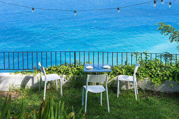 istock Seating area in front of a blue sea 2254608088