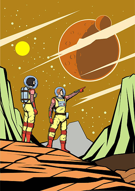 A retro style illustration of atomic era astronaut couple on a new planet with outer space in the background. Wide space available for your copy.