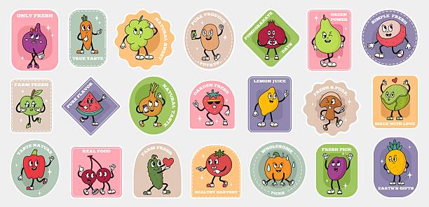 Groovy fruit vegetable stickers. Vegetables fruits cartoon retro characters with comic faces. Vibrant labels for fresh farm market products, neoteric vector design original artwork
