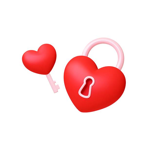 istock Keylock heart shape. Red lock with keyhole and key to open it. Romantic style 3d icons, render design. Love relationship, marriage, wedding vector symbol 2254613039