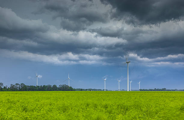 winding road in a rural landscape with the wind turbines on a horizon