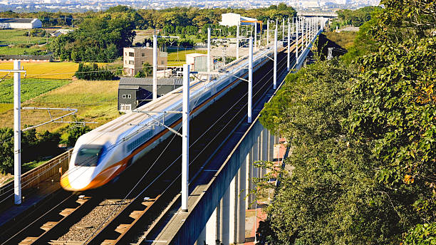 High-speed rail train traveling on elevated track in Taiwan, symbolizing modern transportation, connectivity, and sustainable travel