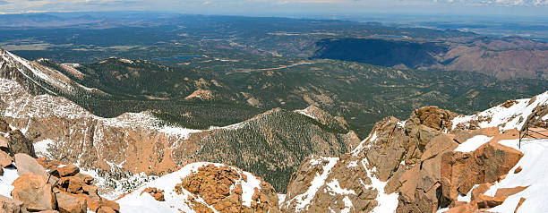 Panoramic landscape view of mountain ranges from the summit of Pikes Peak in Colorado