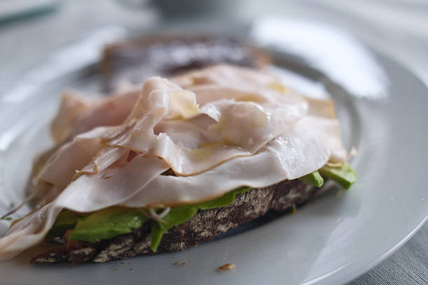 homemade breakfast with bread salmon ham eggs or chocolate in the morning