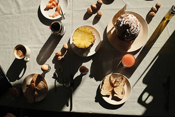homemade breakfast with bread salmon ham eggs or chocolate in the morning