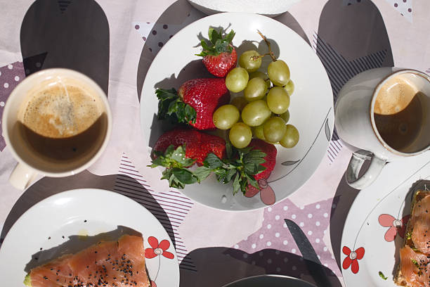 homemade breakfast with bread salmon ham eggs or chocolate in the morning
