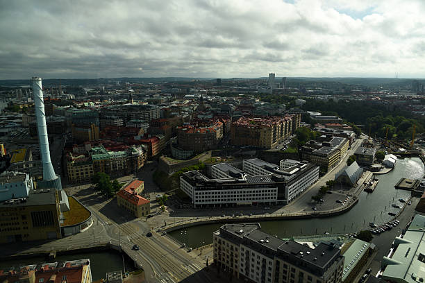Gothenburg, Sweden August 03,2025:Gothenburg City with some residential and office buildings seen from an upper floor in a hotel next Järntoget square. Captured during summer season.