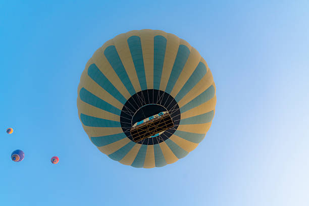 A small, vibrant striped hot air balloon wall illustration floats against a pure white backdrop, evoking feelings of travel, adventure, whimsy, and imagination. Ideal for dreamers, holidays, and celebration themes.