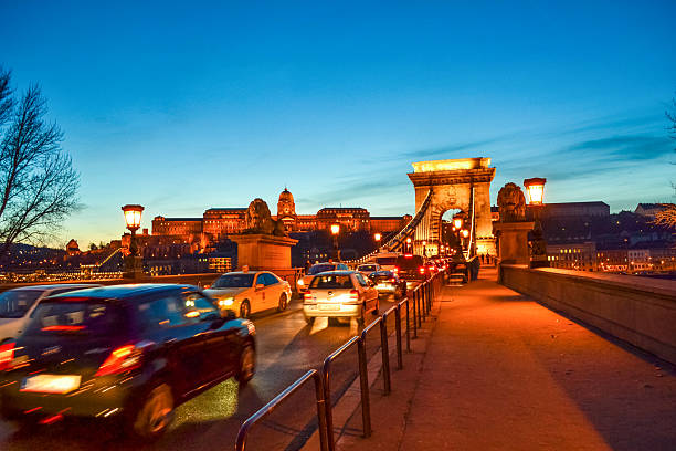 Budapest,Hungary-December 17th 2014:Széchenyi Chain Bridge Landmark 19th-century suspension bridge illuminated at night over Danube river and Castle Hill against twilight skies