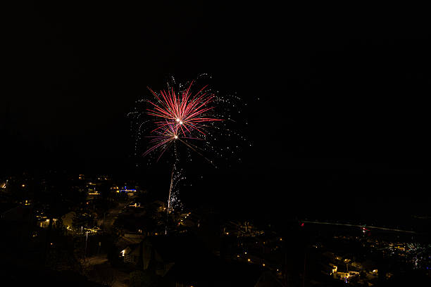 Red fireworks exploding above a city at night, with illuminated buildings below and a large dark sky providing copy space. Ideal for New Year celebrations, events, holidays, and festive background designs.