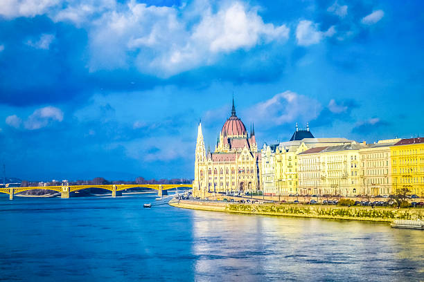 View of Danube river and impressive Parliament building in Budapest city Hungary at winter December 2014