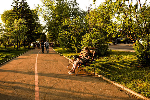 A weathered wooden bench under warm sunlight in a quiet park setting during late afternoon