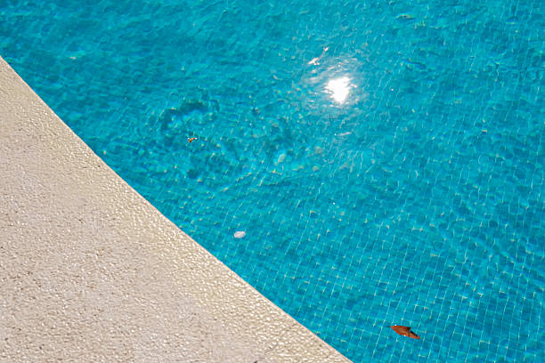 The clear, blue water shimmers under the sun, reflecting the light in a beautiful swimming pool on a relaxing day.