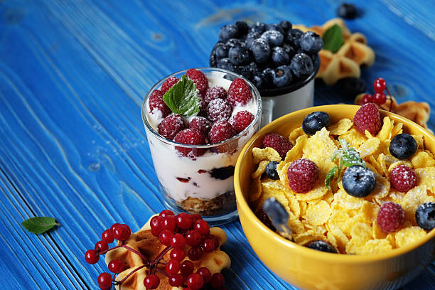istock Healthy breakfast. Corn flakes with raspberries and blueberries, 2254647037