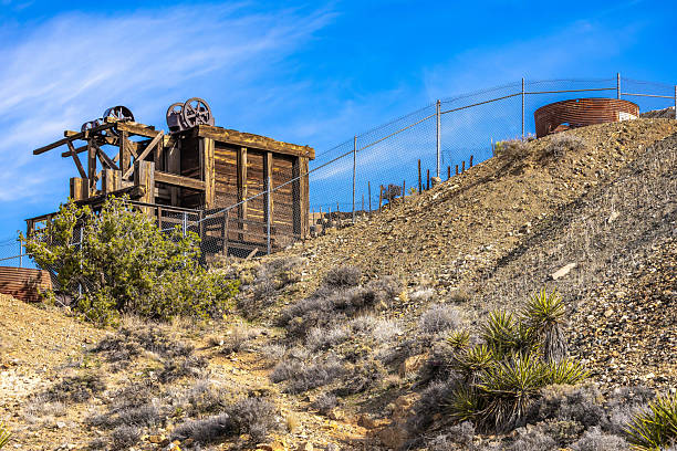Ruins of an abandoned historic gold mine appear along the Lost Horse Loop Trail in Joshua Tree National Park desert California