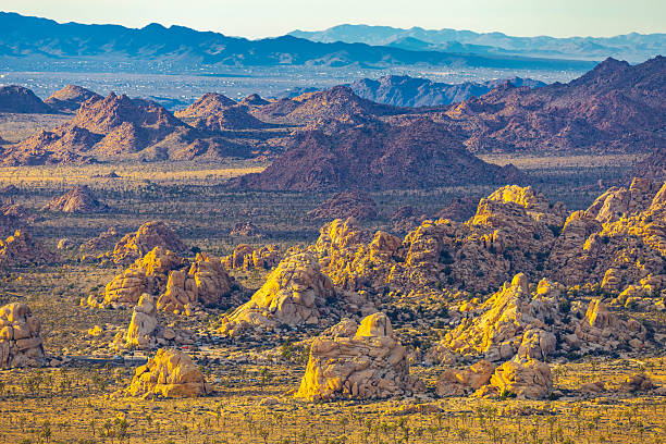 Valley landscape with winding road stretches below Ryan Mountain Trail in Joshua Tree National Park California