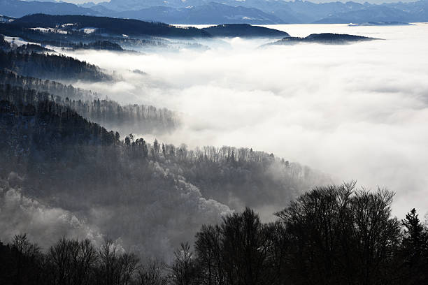 Several Hills in Switzerland (Canton Zurich) in fog. Seen from the Uetliberg hill and captured during winter season.