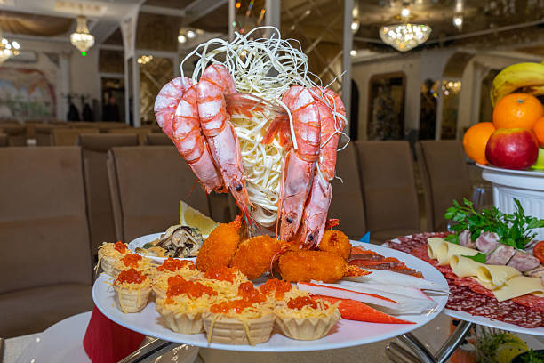 A table served with seafood in a restaurant.
