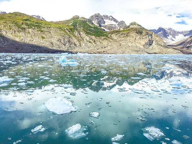 Dawes Glacier ice, Endicott Arm in the Fords Terror Wilderness; Tongass National Forest. Alaska. Blue icebergs or bergy bits. Ice formations with transparent blue ice.