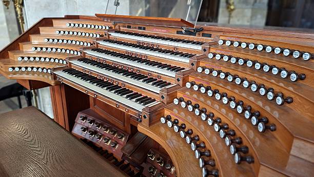 istock Organ console with multiple keys in a church interior with copy space available 2254662325