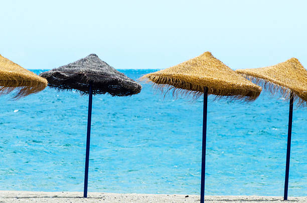Beach umbrellas are on the beach. The beach is calm and peaceful, with the ocean in the background