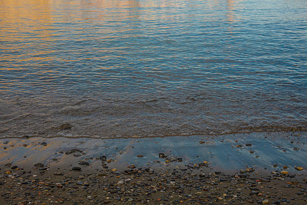 Waves touch the sandy shore as daylight fades into twilight