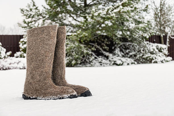 Pair of traditional felt winter boots standing alone in fresh snow with snowy trees in background. Traditional winter footwear for cold season and rustic countryside lifestyle.