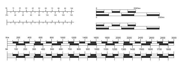 Set of different line and bar map scales with kilometers and miles. Distance measurement chart templates for navigation. Cartography elements isolated on white background. Vector graphic illustration.