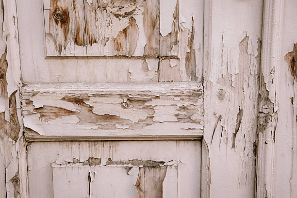 The grungy dilapitaed exterior door with ornate door knocker is an uninviting sight. Maintenance work is needed to remove the peeling paint.