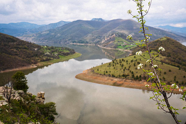 Beautiful landscape with calm lake and lush hills