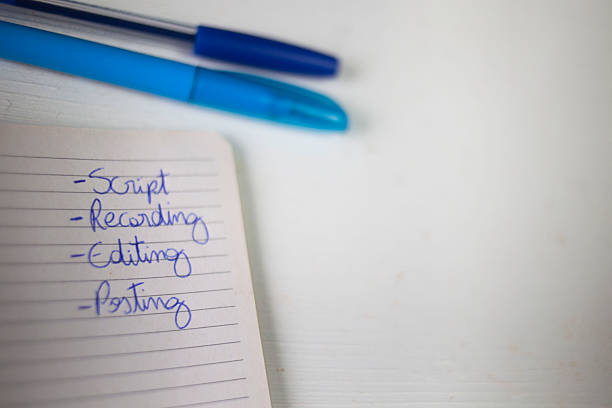 Content creation workflow handwritten on the notepad in white background with copy space