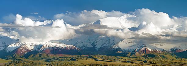 Panoramic view of Lenin Peak or mount Abu Ali Ibn Sino from Alay range, Kyrgyz Pamir Mountains, Kyrgyzstan and Tajikistan border, Central Asia \