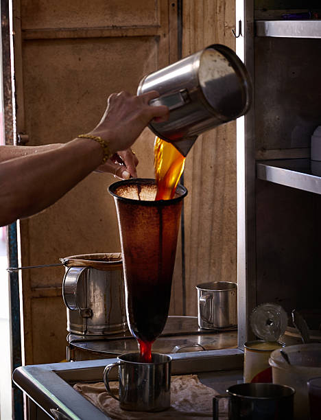 Traditional Nanyang coffee brewing using cloth filter in kopitiam
