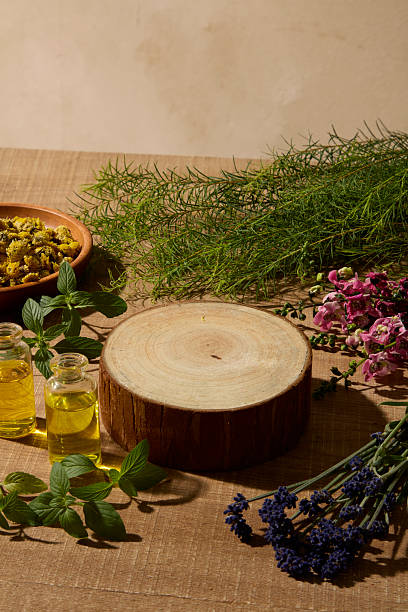 istock Fresh and dried herbs arranged on wooden stand. Soft background and daylight create a peaceful, organic mood. Wellness branding, herbal supplements, or natural lifestyle visuals 2254697165