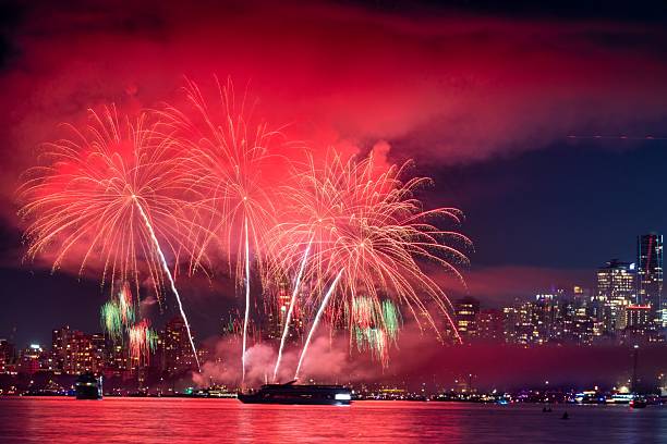 istock Fireworks view with city skyline 2254706413