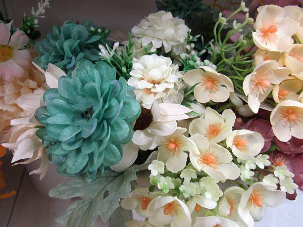 I photographed a bouquet of colorful artificial flowers.