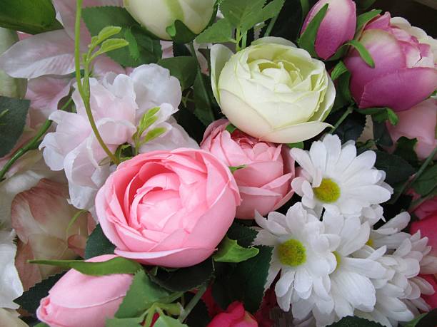 I photographed a bouquet of colorful artificial flowers.