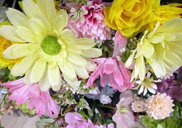 I photographed a bouquet of colorful artificial flowers.