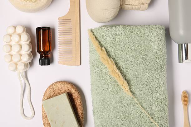 istock Bath accessories. Different personal care products and dry spikelet on white background, flat lay 2254710316