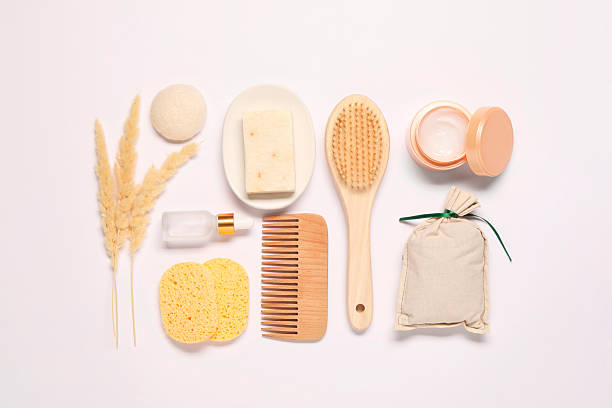 istock Bath accessories. Different personal care products and dry spikelets on white background, flat lay 2254710336