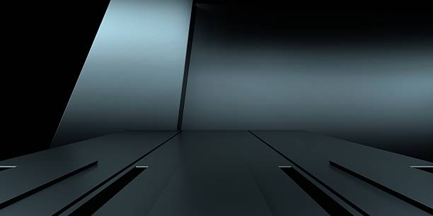 istock 3d rendering of white neon glowing spaceship corridor hallway dark background. Scene for advertising, showroom, technology, future, modern, E sport, game, garage. Sci Fi Illustration. Product display 2254710347