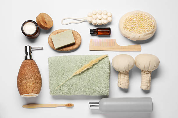 istock Bath accessories. Different personal care products and dry spikelet on white background, flat lay 2254710359