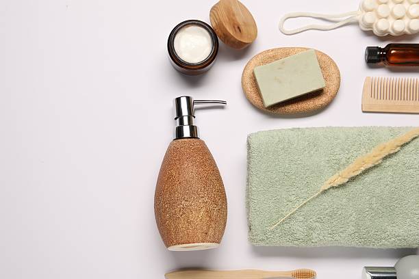 istock Bath accessories. Different personal care products and dry spikelet on white background, flat lay with space for text 2254710411