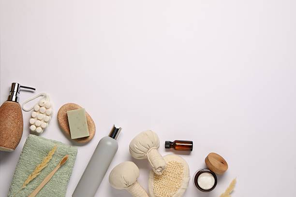 istock Bath accessories. Different personal care products and dry spikelets on white background, flat lay with space for text 2254711238