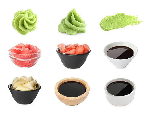 istock Wasabi, pickled ginger and soy sauce isolated on white, collage 2254711752