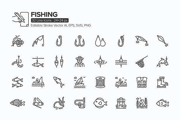 angelschnur-icon-set · 32 ikonen - fischereiindustrie stock-grafiken, -clipart, -cartoons und -symbole
