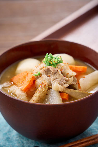 Japanese Pork Miso Soup Tonjiru with Root Vegetables