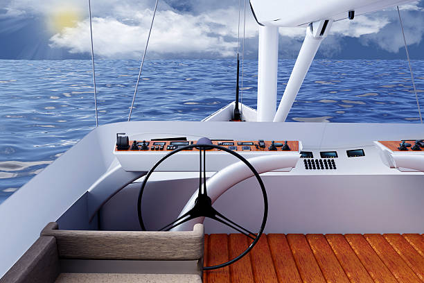 Sailboat. Luxury sailing yacht. View from the bridge with the helm. Blue sky and sea in the background.