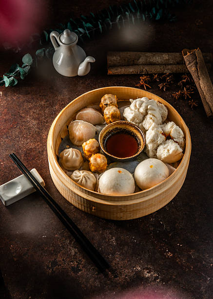 Traditional Dim Sum Served in Bamboo Steamer Basket.