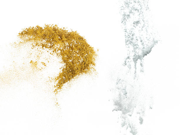 Gold Silver metallic glitter sparkle explosion in air. Silver Glitter sand spark blink celebrate Chinese new year, fly throw silver glitters particle. White background isolated, selective focus